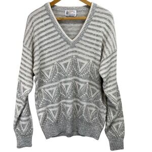 VTG 90s London Fog Mens V Neck Geometric Stripe Knit Sweater Size L Grandpa
